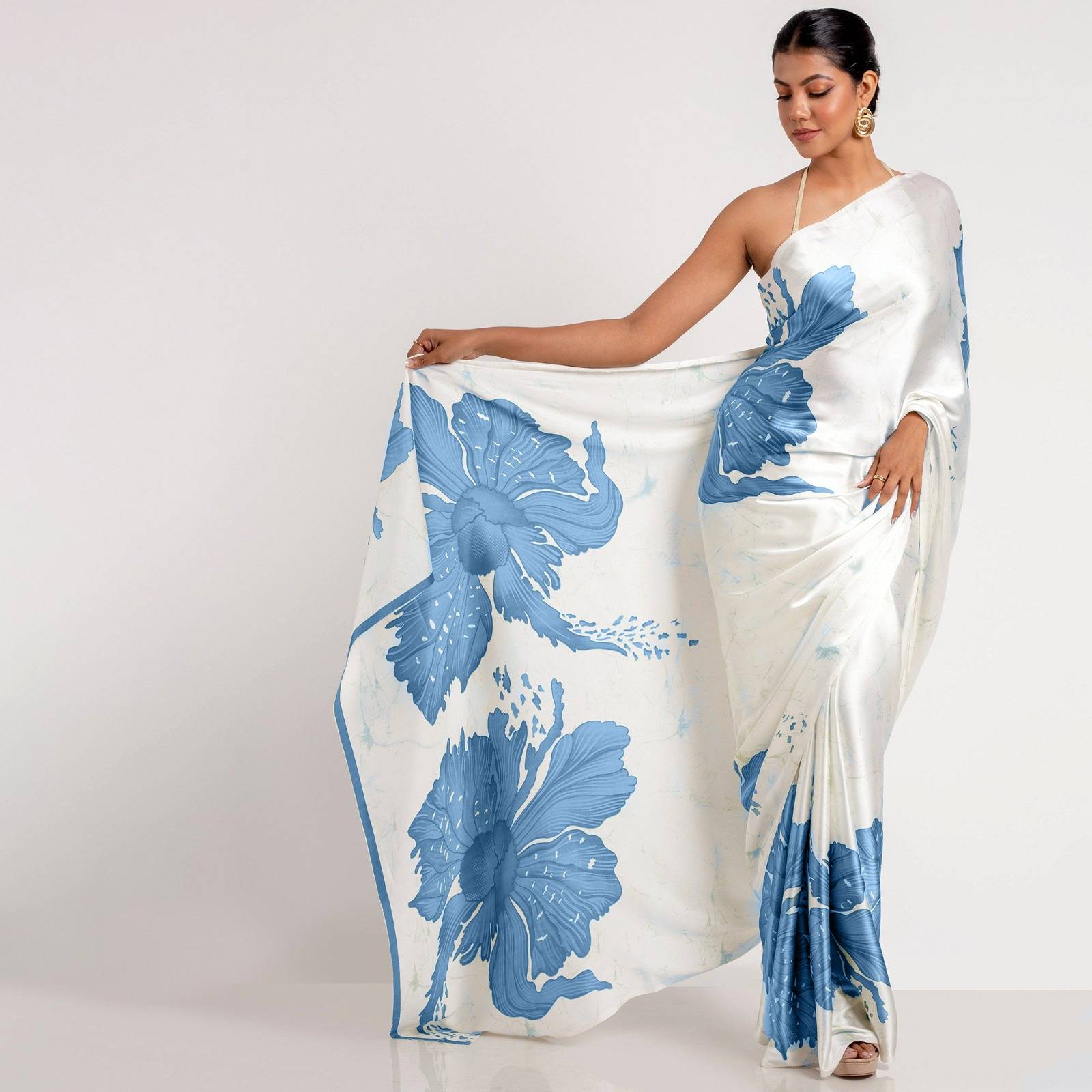 Blue Original Japan Satin Digital Floral Saree